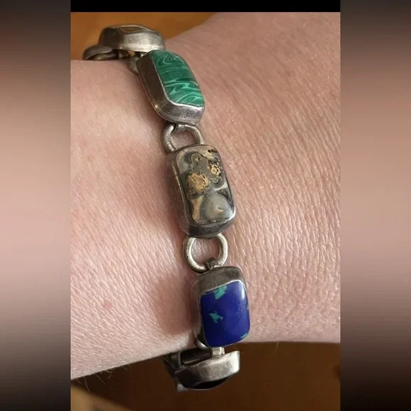 Taxco Mexico Vintage Southwestern Gems Panel Bracelet. Sterling Silver 925